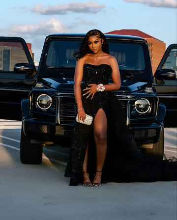 Sheath Strapless Sequin Slit Black Long Prom Dresses Party Dress SD2293